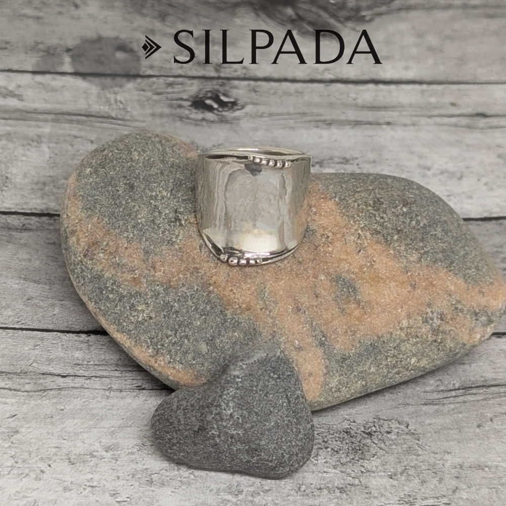 Silpada Retired Beaded Rolled Edge Wide Sterling Silver Statement Band Ring